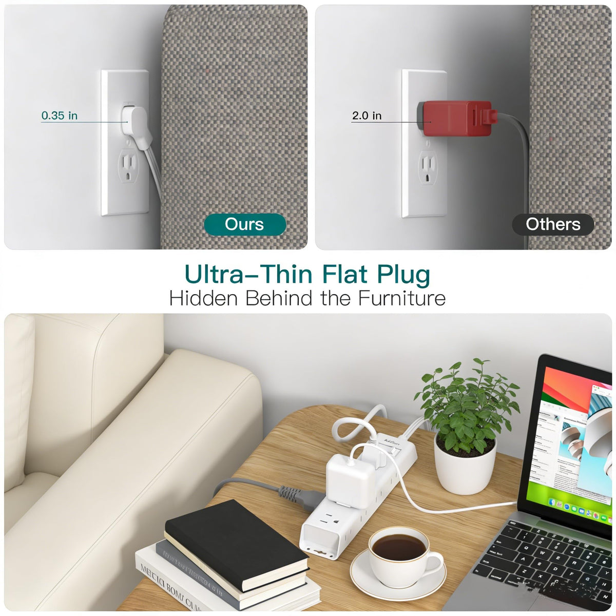 Addtam ultra-flat plug close-up slips behind furniture to save space