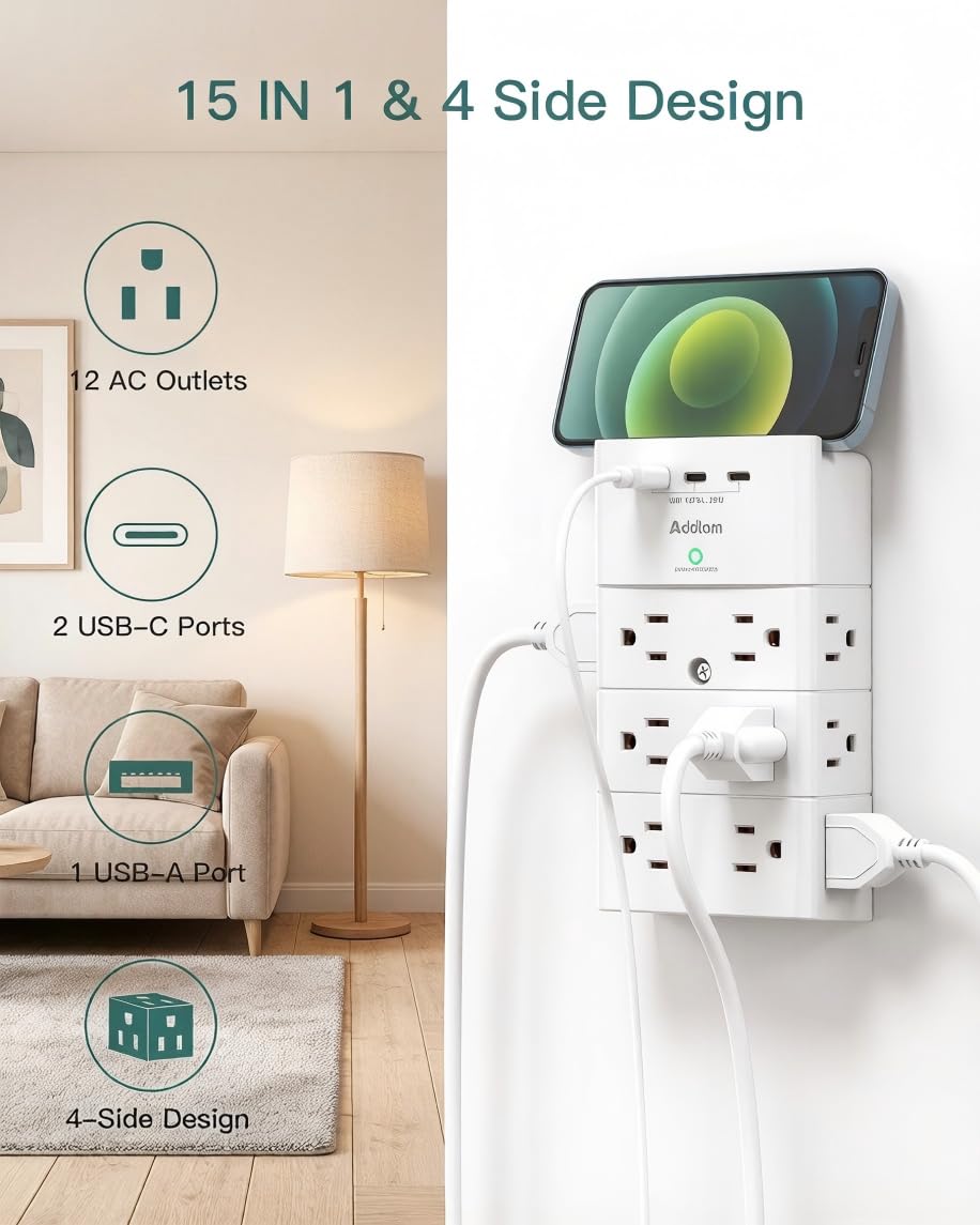 Addtam wall outlet with USB-A and USB-C ports for fast mobile charging.