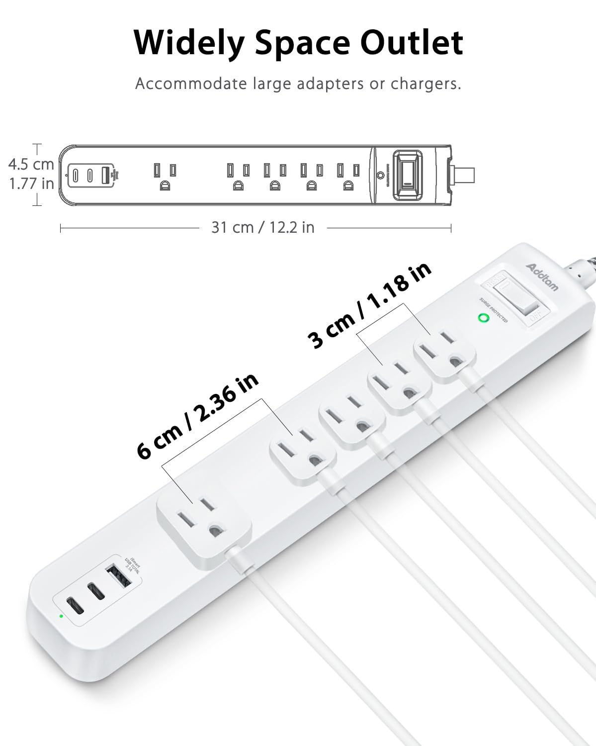 Addtam USB-C fast charging ports for phones and tablets.
