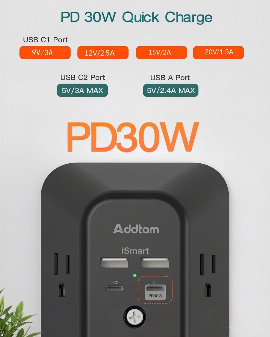 Addtam close-up of four USB ports including USB-C PD for faster charging