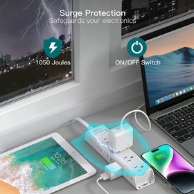 Addtam wall-mountable power strip keeps desk area organized.