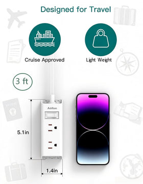 Addtam wall-mount-ready power strip with screws included.