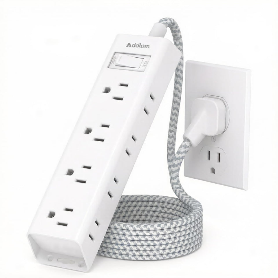 Addtam white braided power strip with 5ft cord keeps desks tidy and connected.