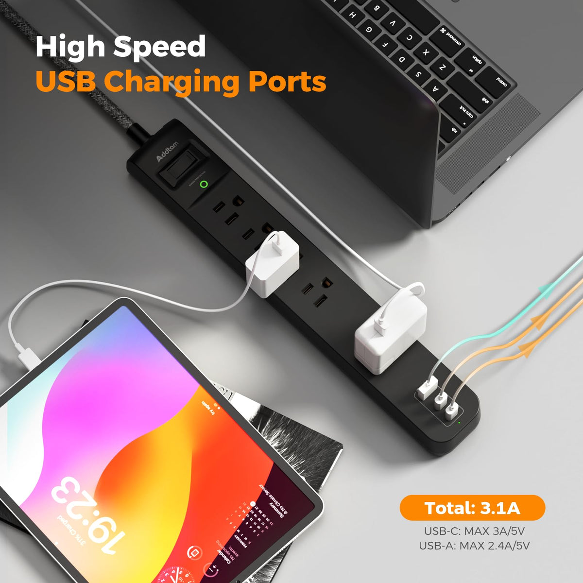Addtam wide outlets closeup accommodating large adapters without blocking