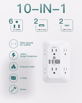 Addtam wide-space 6-outlet design fits large adapters and tidy cords