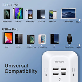 Addtam wide-space-outlet design accommodates bulky adapters