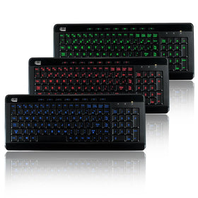 Adesso illuminated keys close-up in three colors for easy low-light typing