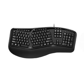 Adesso front view of keyboard showing ergonomic split layout and compact footprint for comfort