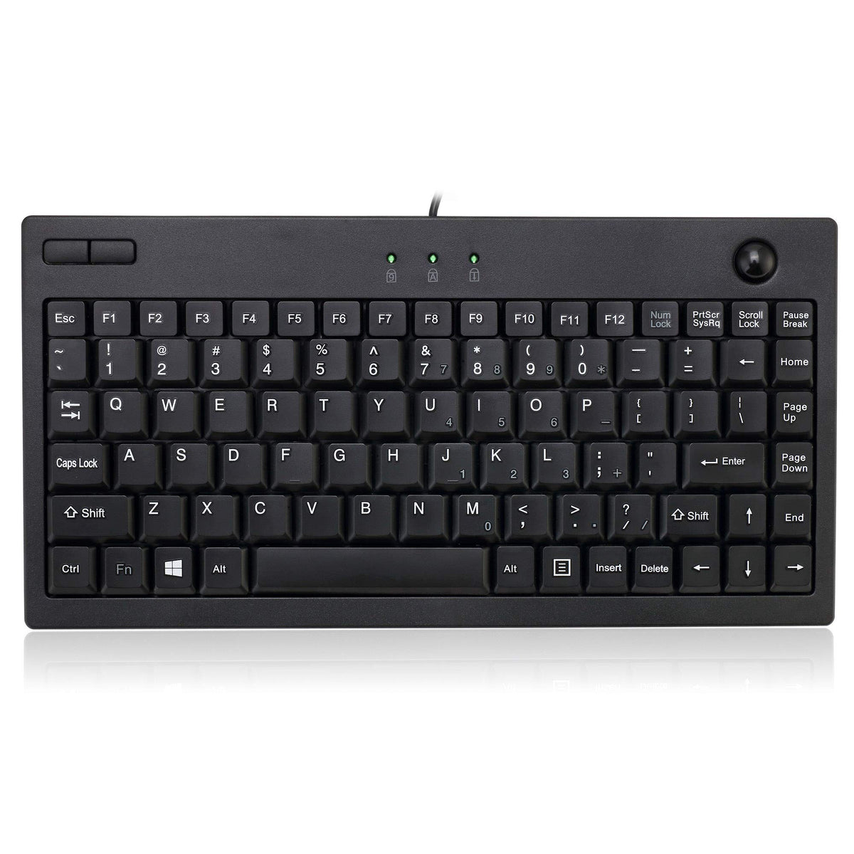 Adesso AKB-310UB front view showing compact keyboard and integrated trackball, saves desk space