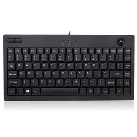 Adesso AKB-310UB front view showing compact keyboard and integrated trackball, saves desk space
