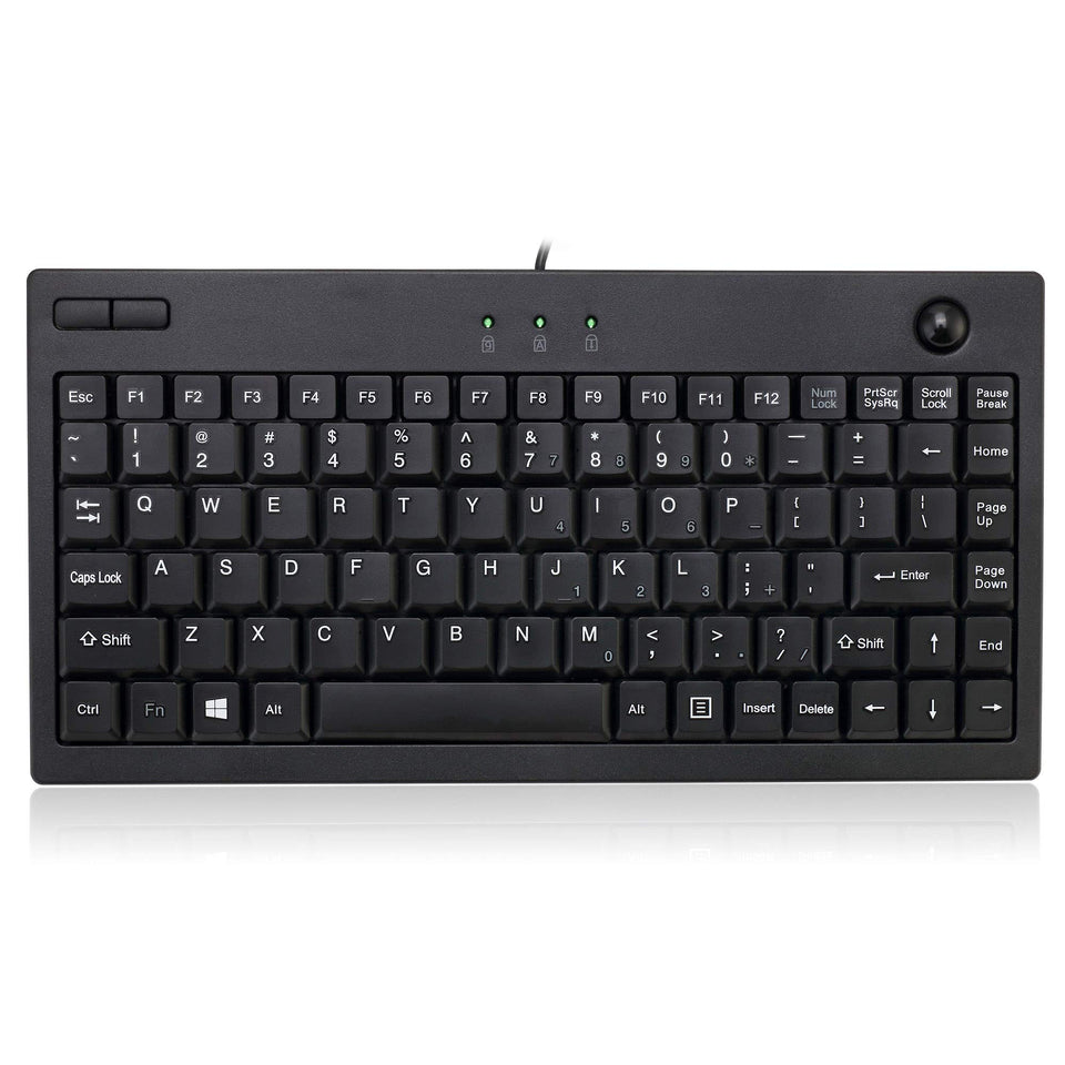 Adesso AKB-310UB front view showing compact keyboard and integrated trackball, saves desk space