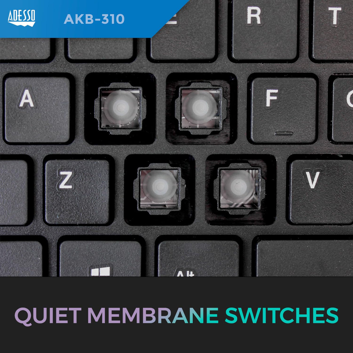 Adesso AKB-310UB keycap texture detail showing quiet membrane keys for comfortable typing