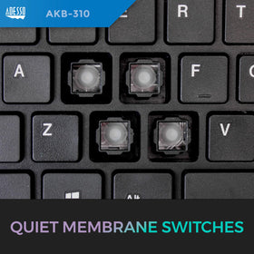 Adesso AKB-310UB keycap texture detail showing quiet membrane keys for comfortable typing