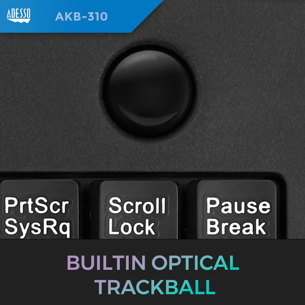Adesso AKB-310UB trackball close-up highlighting 800 DPI optical sensor for precise pointer control