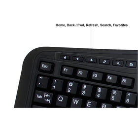 Side profile view reveals slim keyboard height.