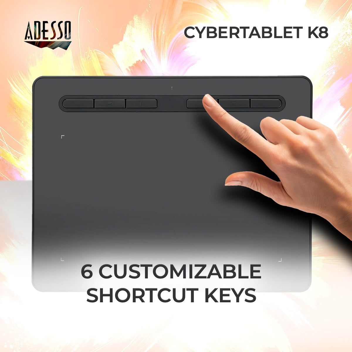 Adesso Cybertablet K8 stylus close-up highlighting battery-free pen for uninterrupted drawing
