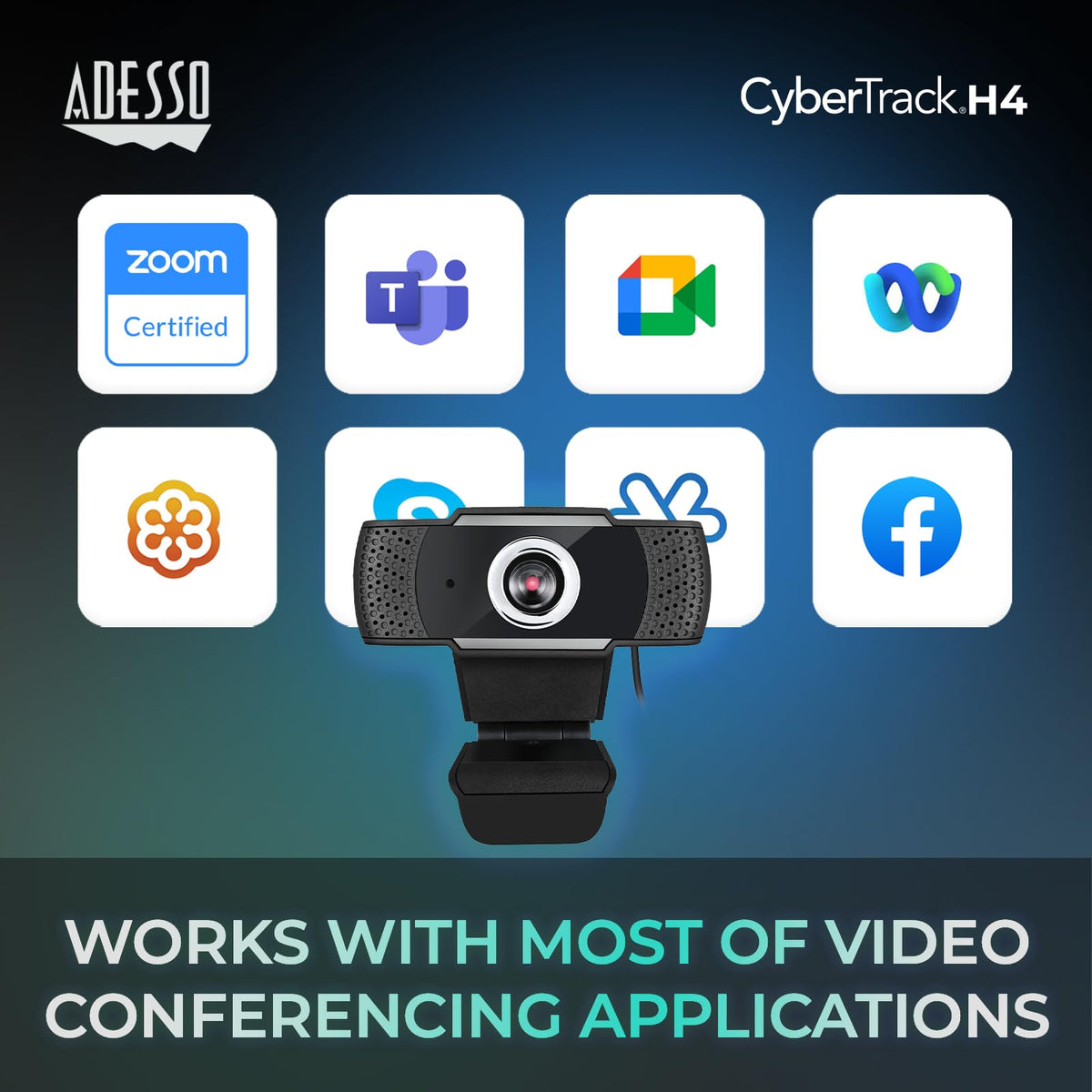 Adesso CyberTrack H4 in a home office lifestyle scene showing professional virtual meetings