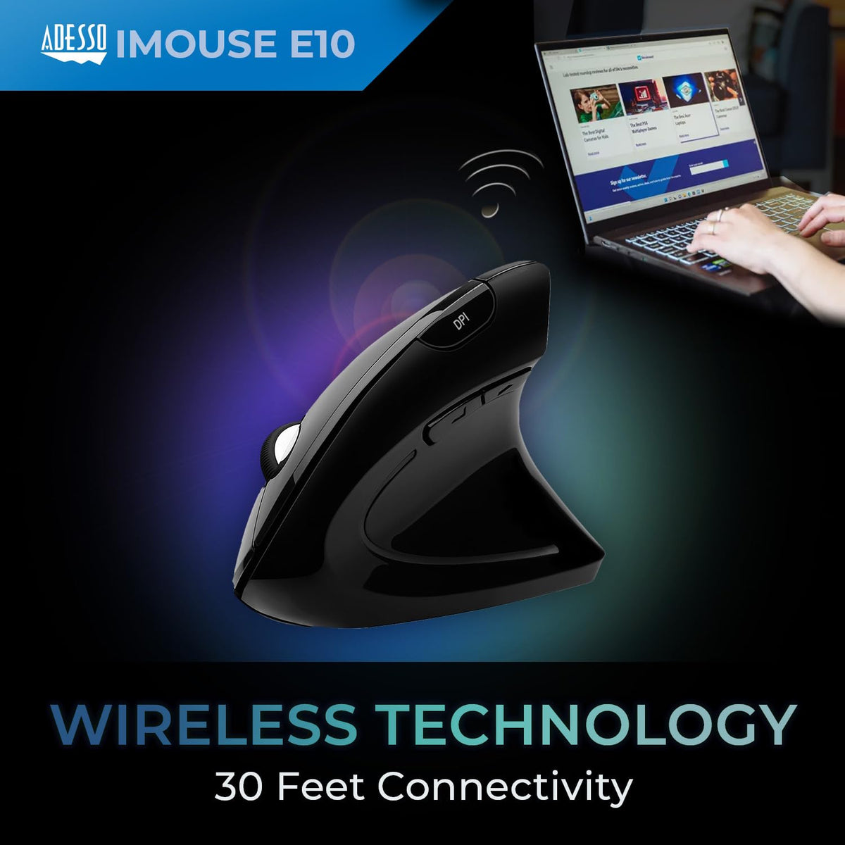 Adesso iMouse E10 held in hand to show right-hand scale and comfortable fit