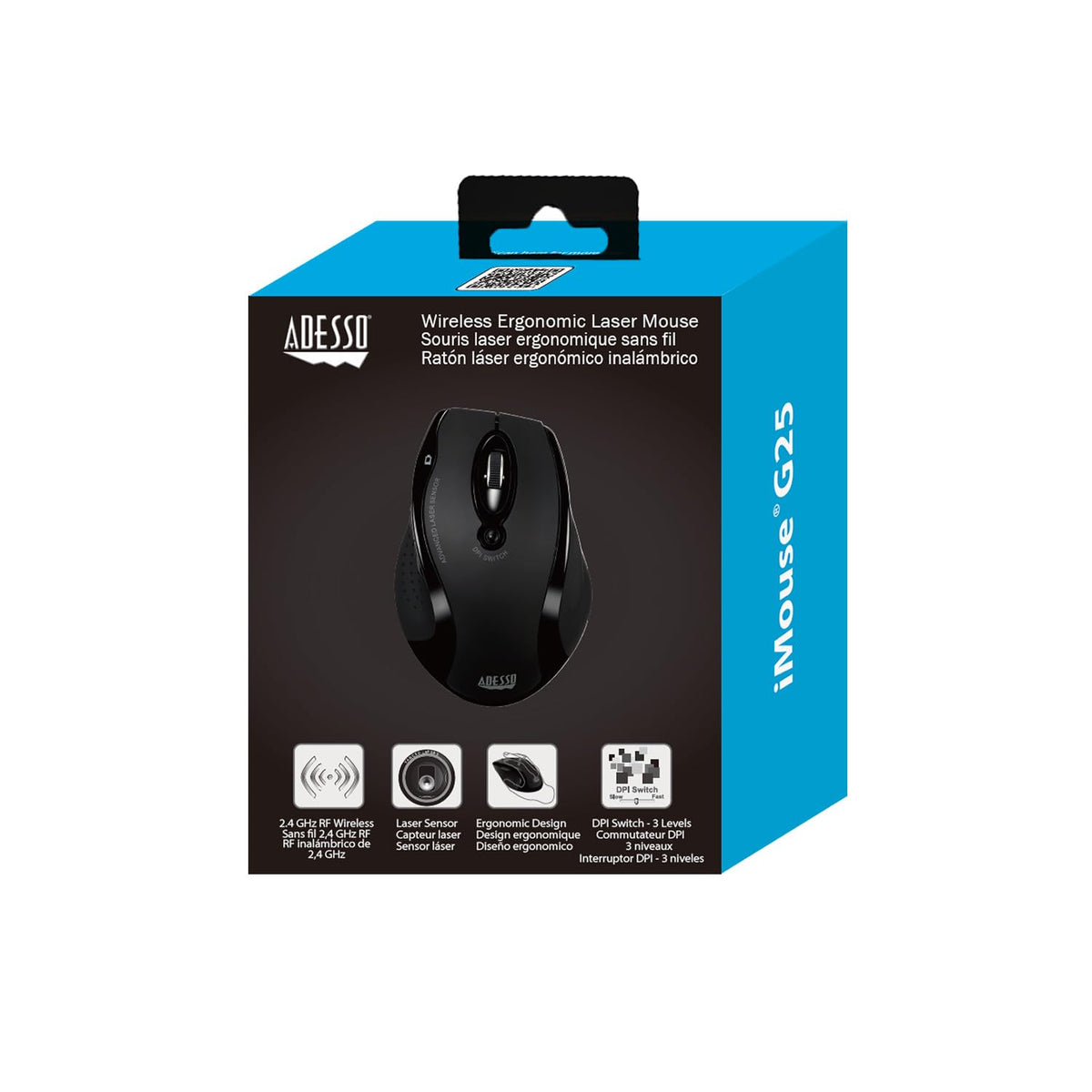 Adesso iMouse G25 next to USB receiver showing scale and pocketable wireless convenience