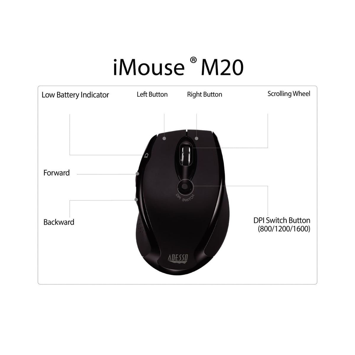 Adesso iMouse M20B compact black design fits in small workspaces.