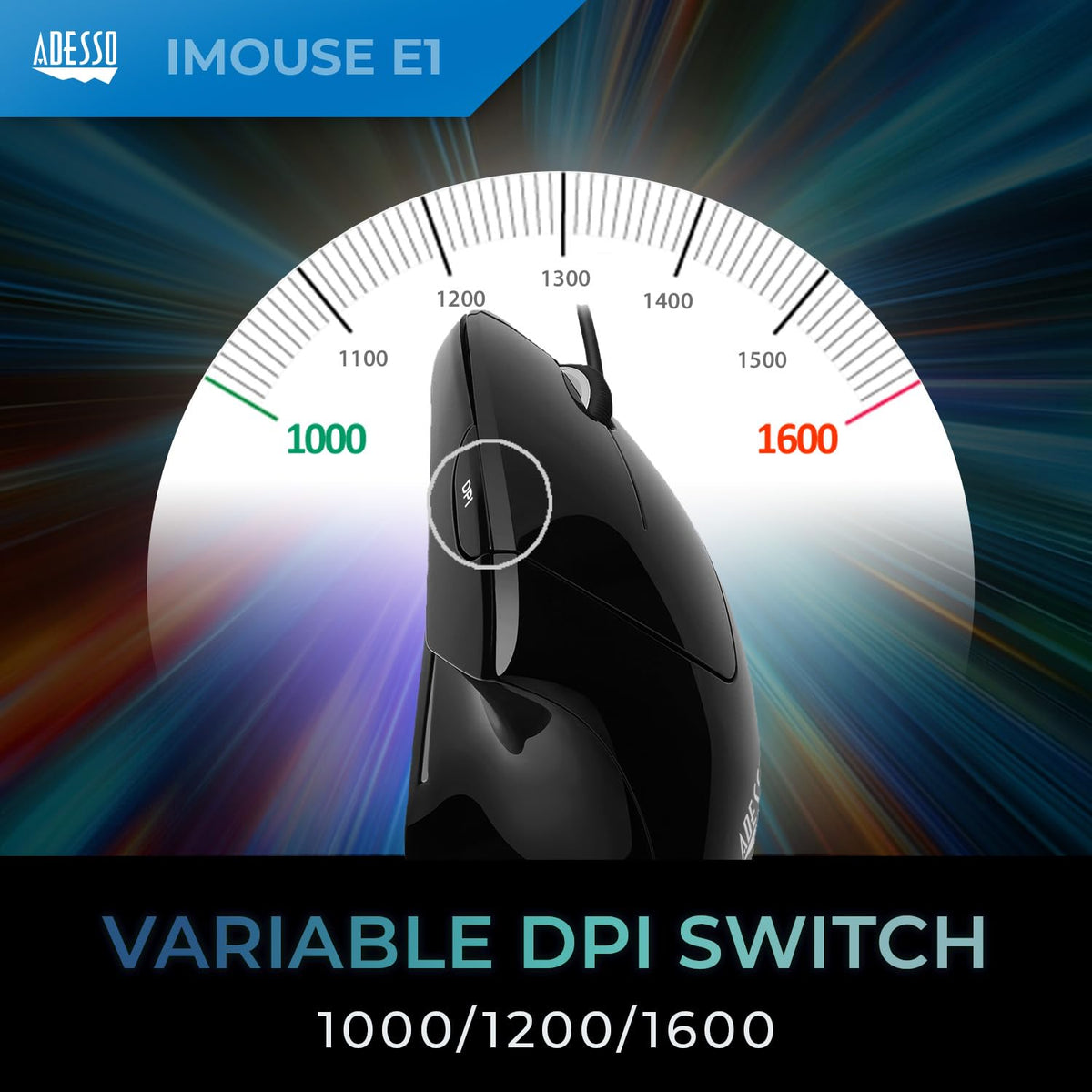 Adesso vertical mouse held in right hand demonstrating neutral handshake position