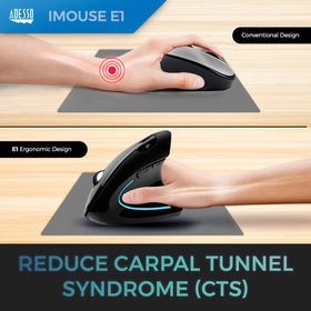 Adesso vertical mouse with USB cable and packaging showing plug-and-play readiness