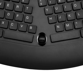 Adesso keyboard with hand for scale illustrating comfortable key reach and reduced fatigue
