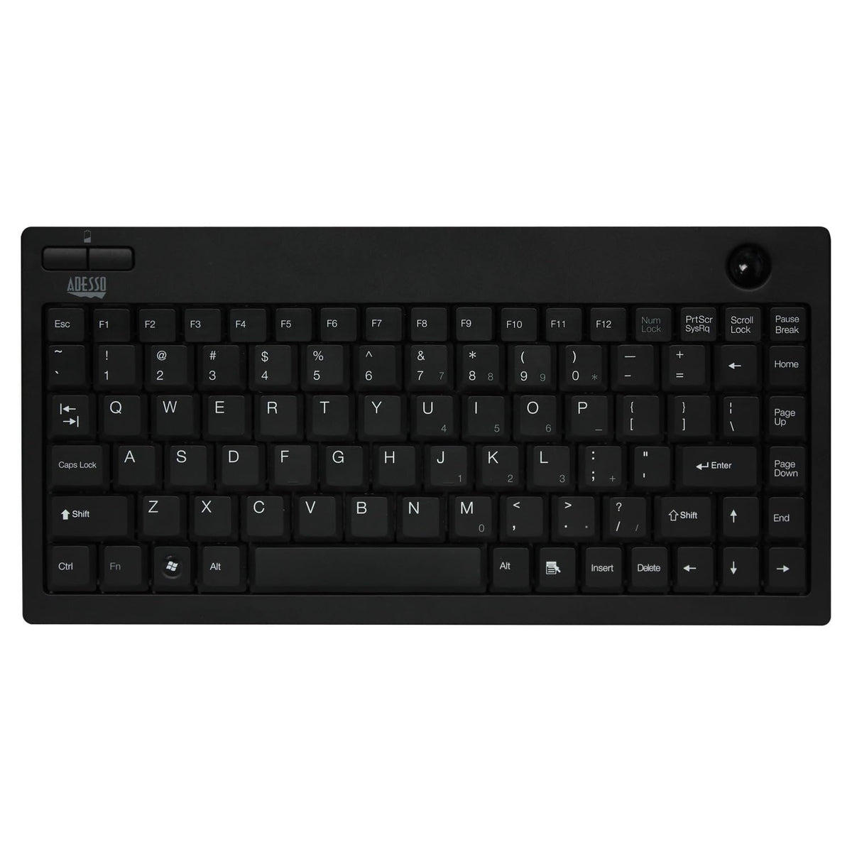 Adesso WKB-3100UB front view showing compact keyboard and built-in trackball for space saving