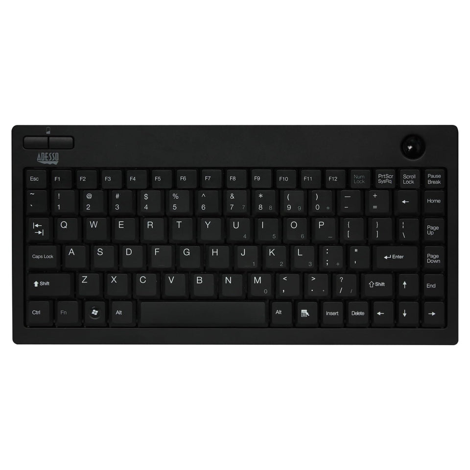 Adesso WKB-3100UB front view showing compact keyboard and built-in trackball for space saving