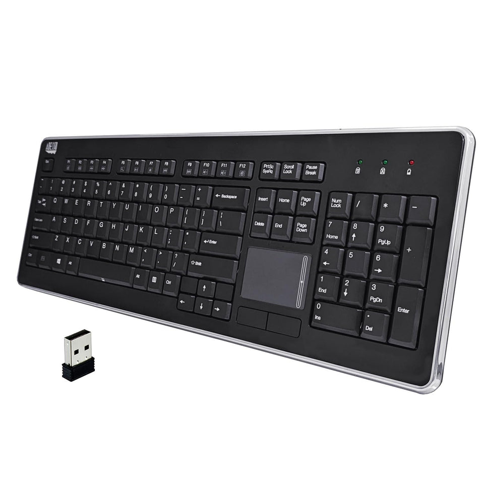 Adesso WKB-4400UB wireless keyboard with built-in trackpad for easy PC control.