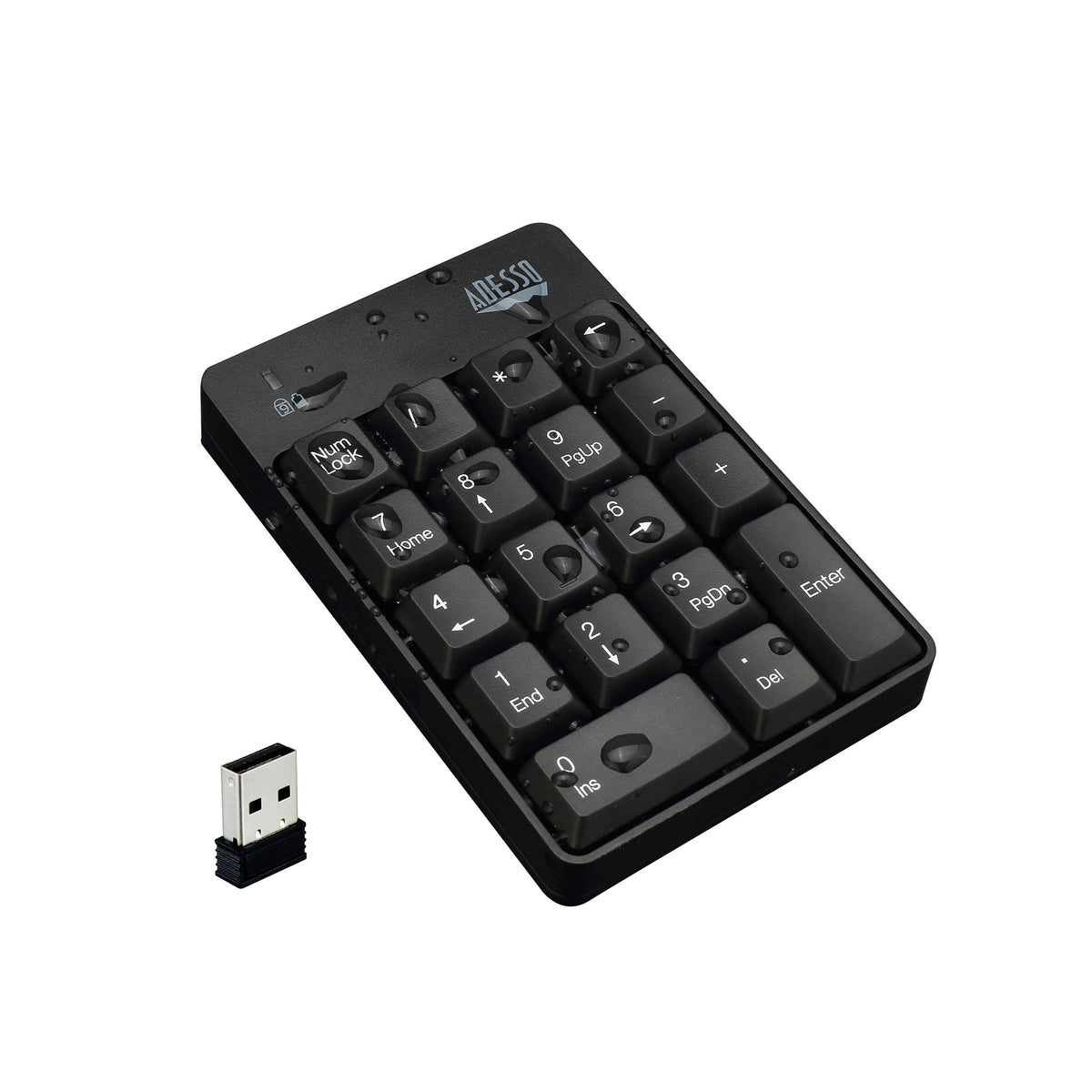 Adesso WKB-6010UB keypad front view shows compact, space-saving design for crowded desks