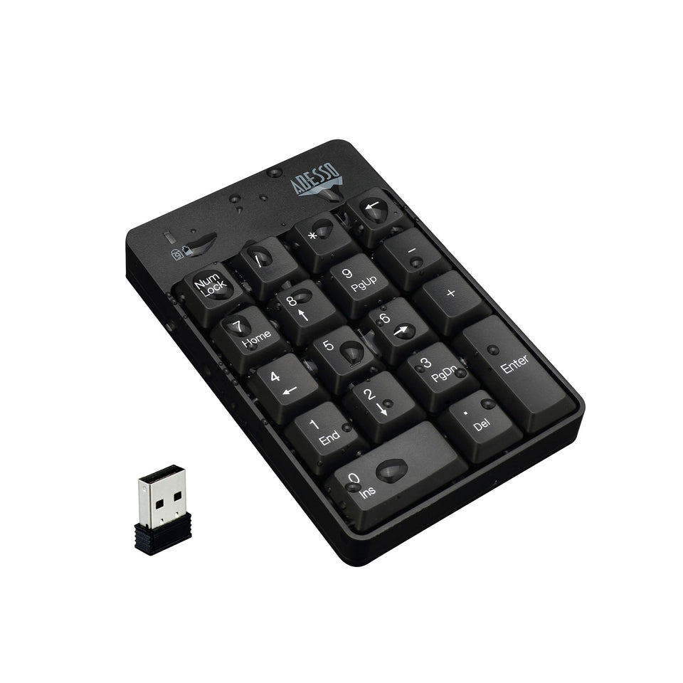 Adesso WKB-6010UB keypad front view shows compact, space-saving design for crowded desks