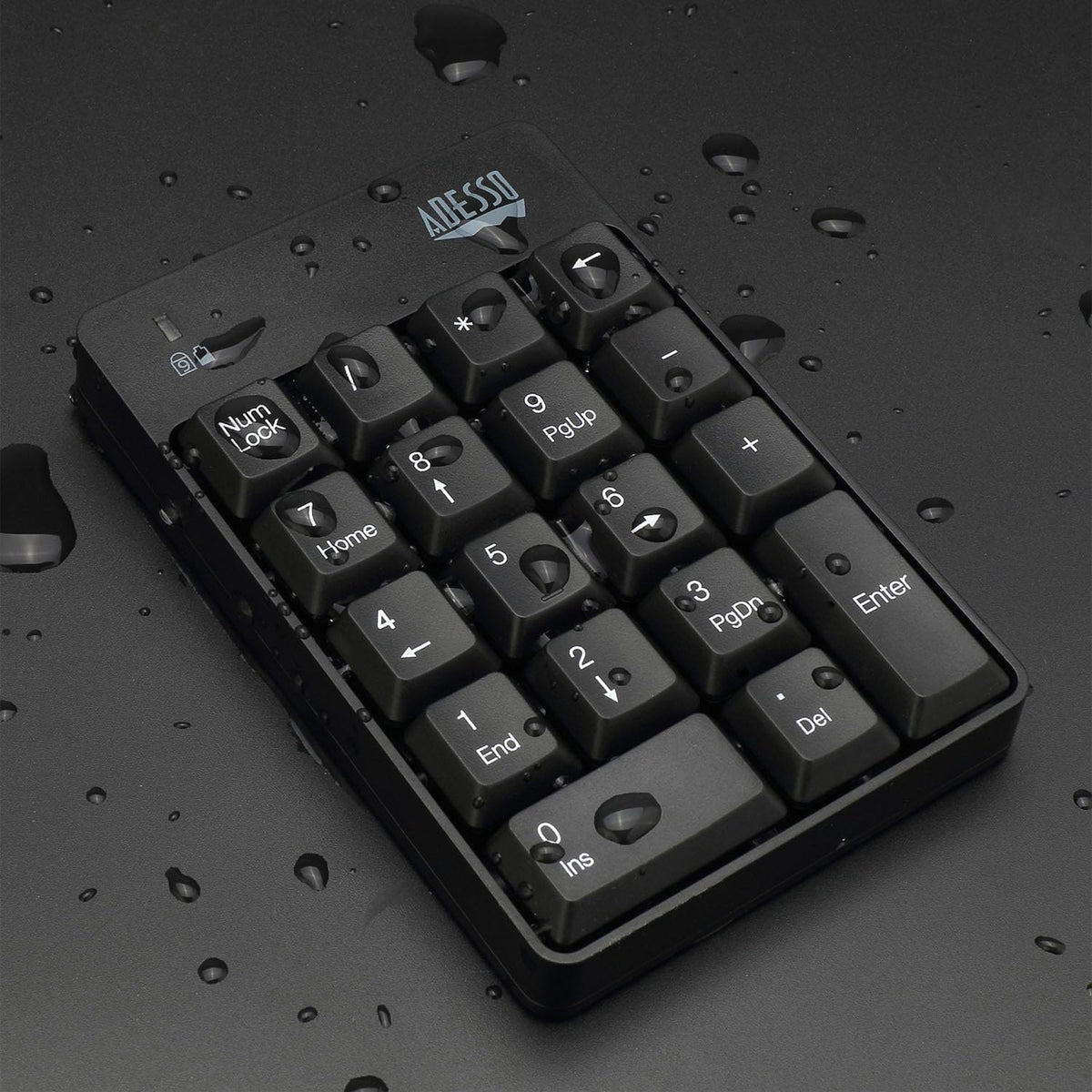 Adesso WKB-6010UB keypad side-angle demonstrates wireless range up to 30 ft