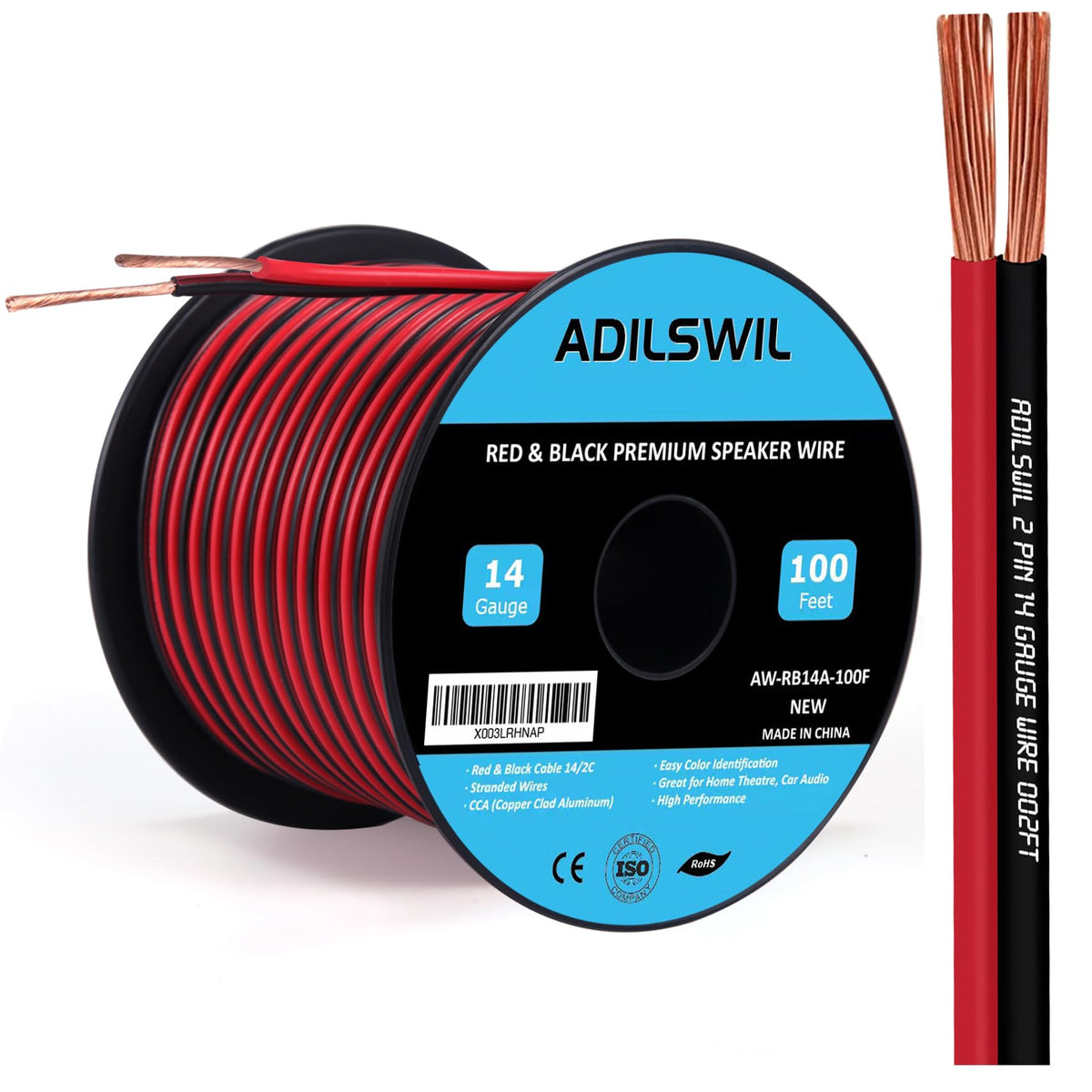ADILSWIL 14AWG 100ft speaker wire red and black on spool for easy installation