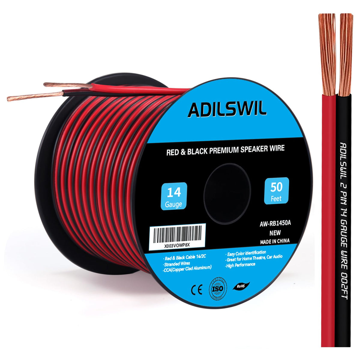 ADILSWIL 14AWG speaker wire with red/black conductors for home theater wiring.