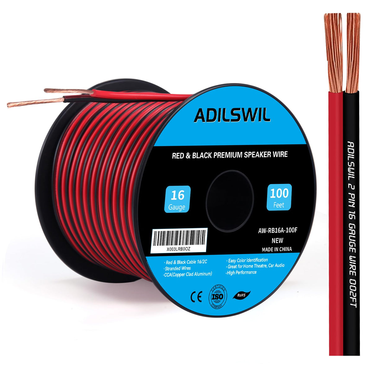ADILSWIL 16AWG red speaker wire for clean, low-voltage power to home speakers.