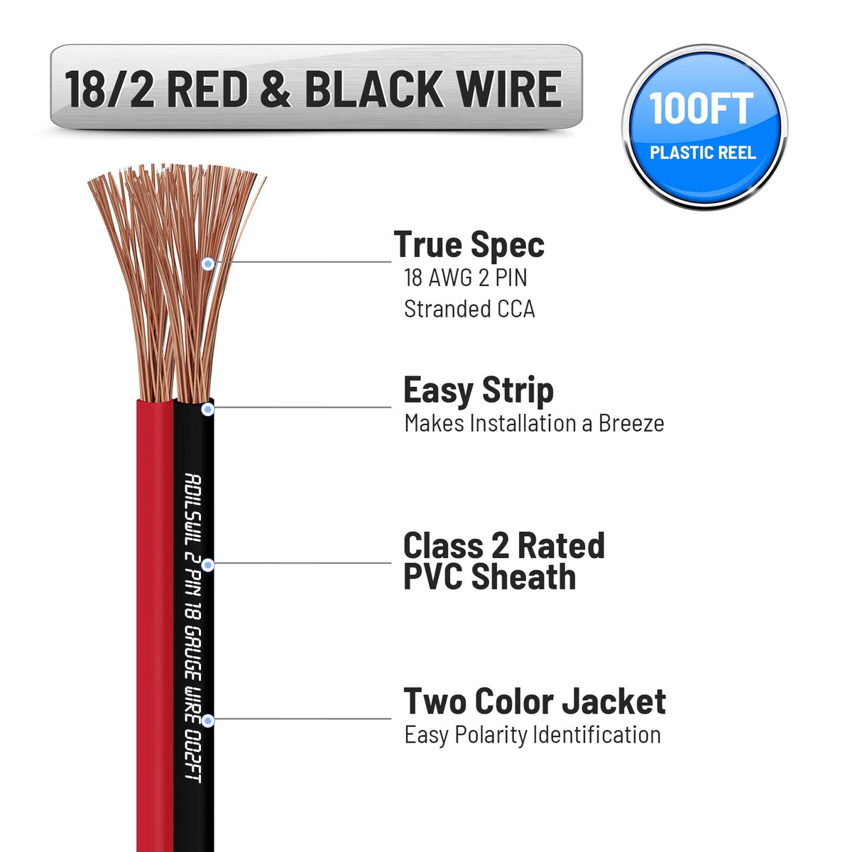 ADILSWIL 18AWG speaker wire with red/black color-coded jacket for polarity identification.