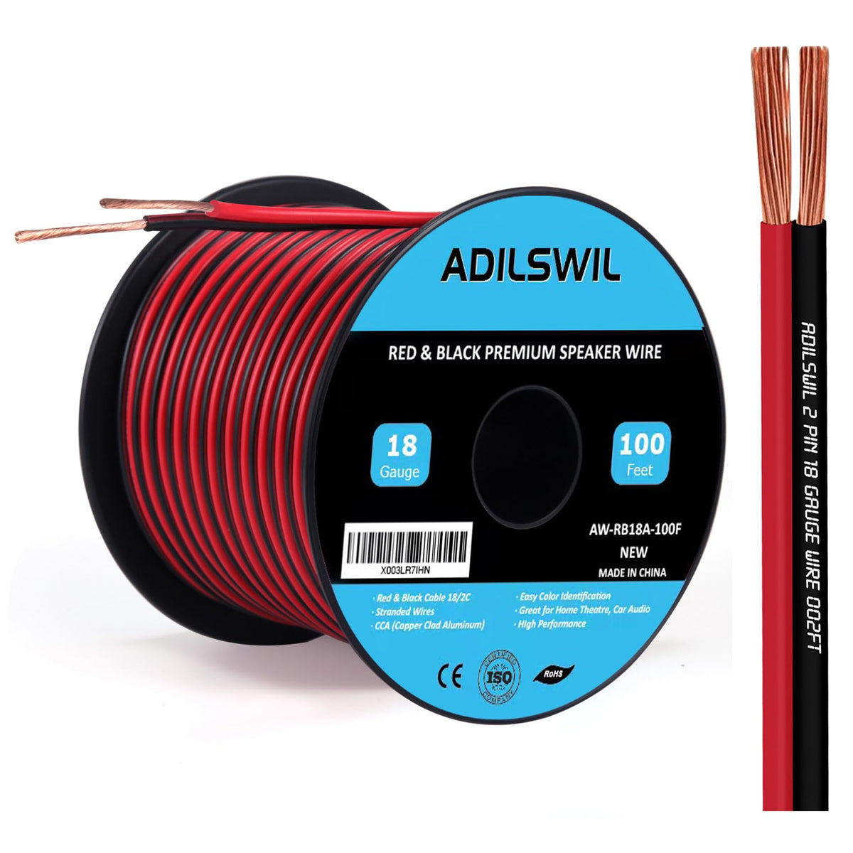 ADILSWIL 18AWG 100ft speaker wire on a spool for easy unwinding and mounting.