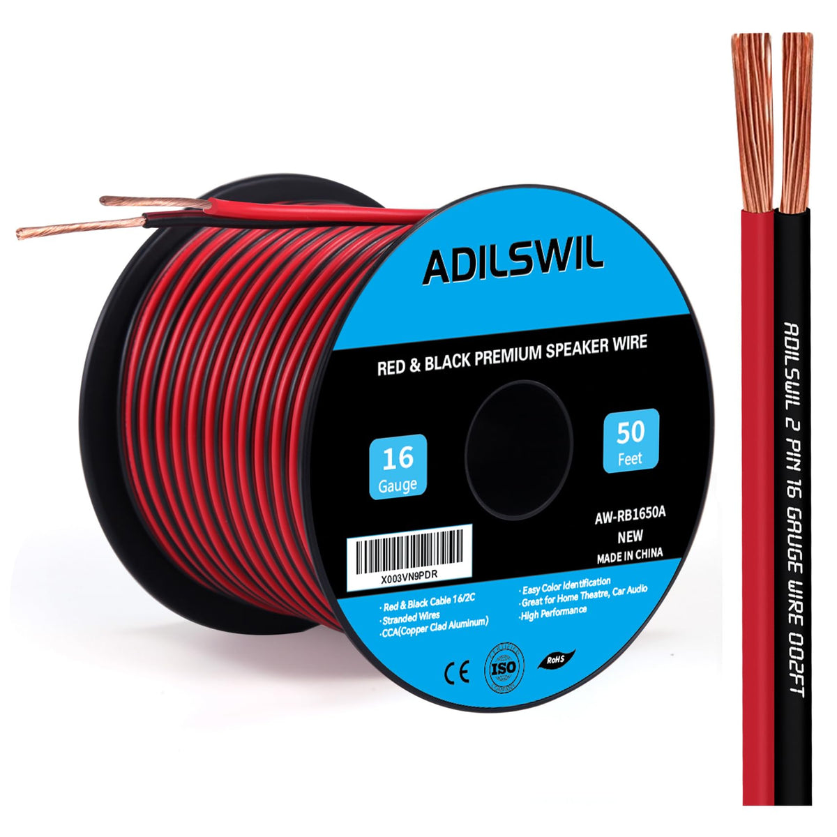 ADILSWIL 50ft red/black two-conductor wire on a spool for clean speaker connections.