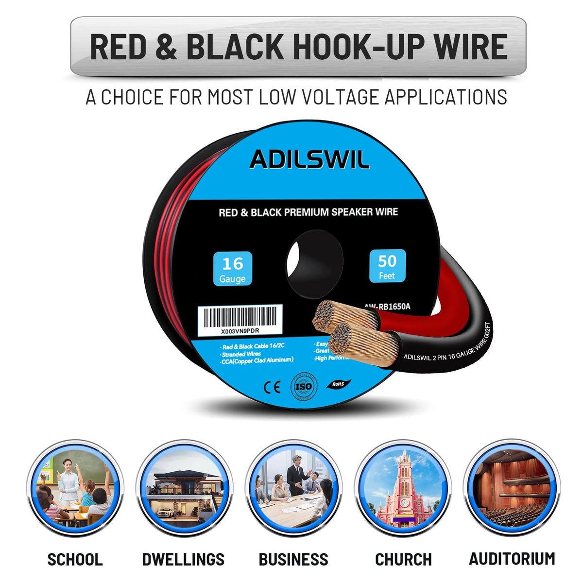 ADILSWIL 50ft spool enables easy installation with color-coded polarity.