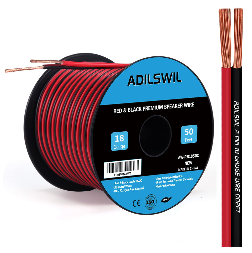 ADILSWIL speaker wire 18ga 50ft red and black spool for clear polarity and quick setup