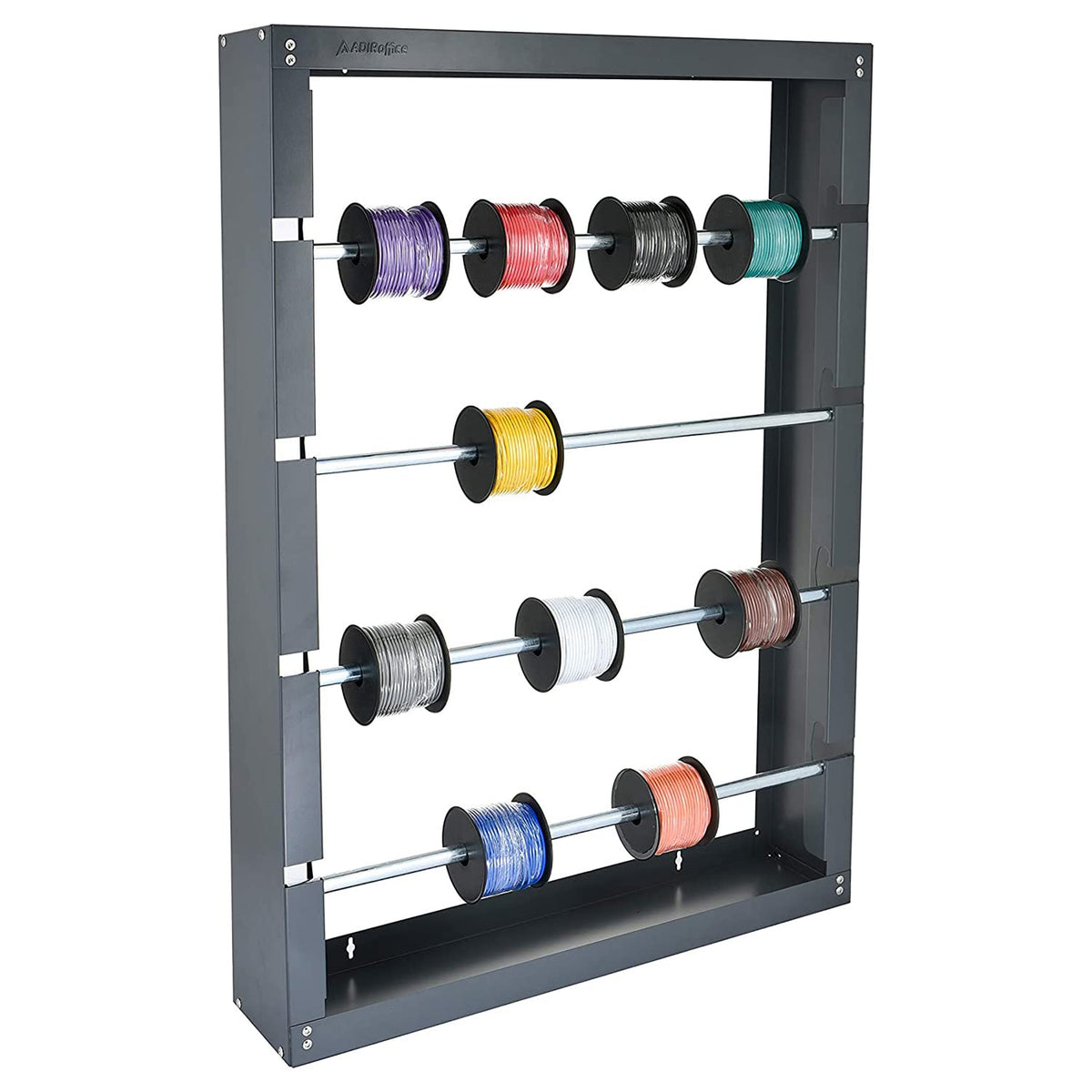 AdirPro wire spool rack with four grey rods keeps spools neatly organized.