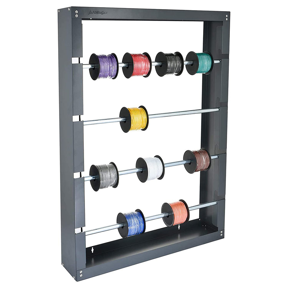 AdirPro wire spool rack with four grey rods keeps spools neatly organized.
