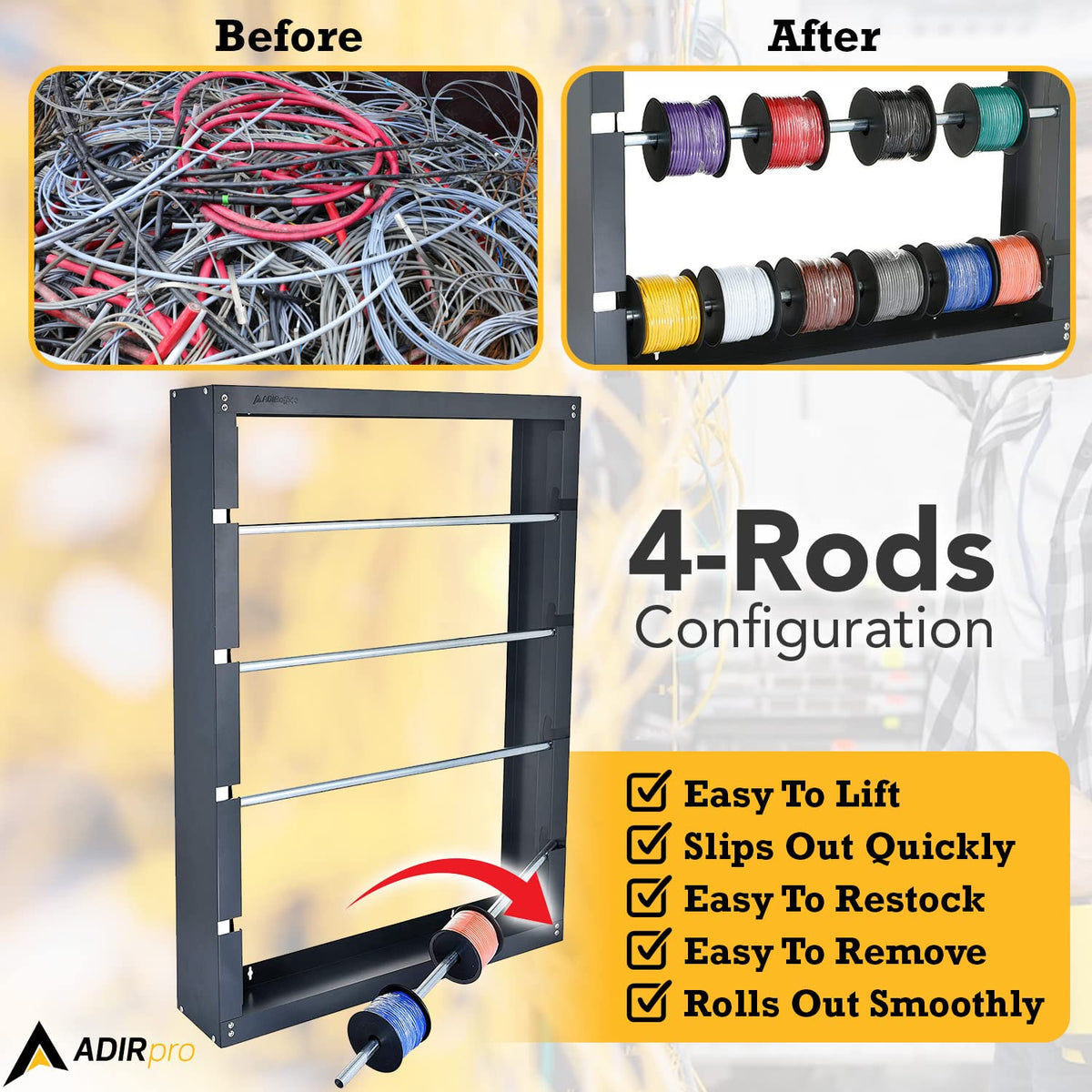 AdirPro multi-spool storage holds several spools for efficient workflows.