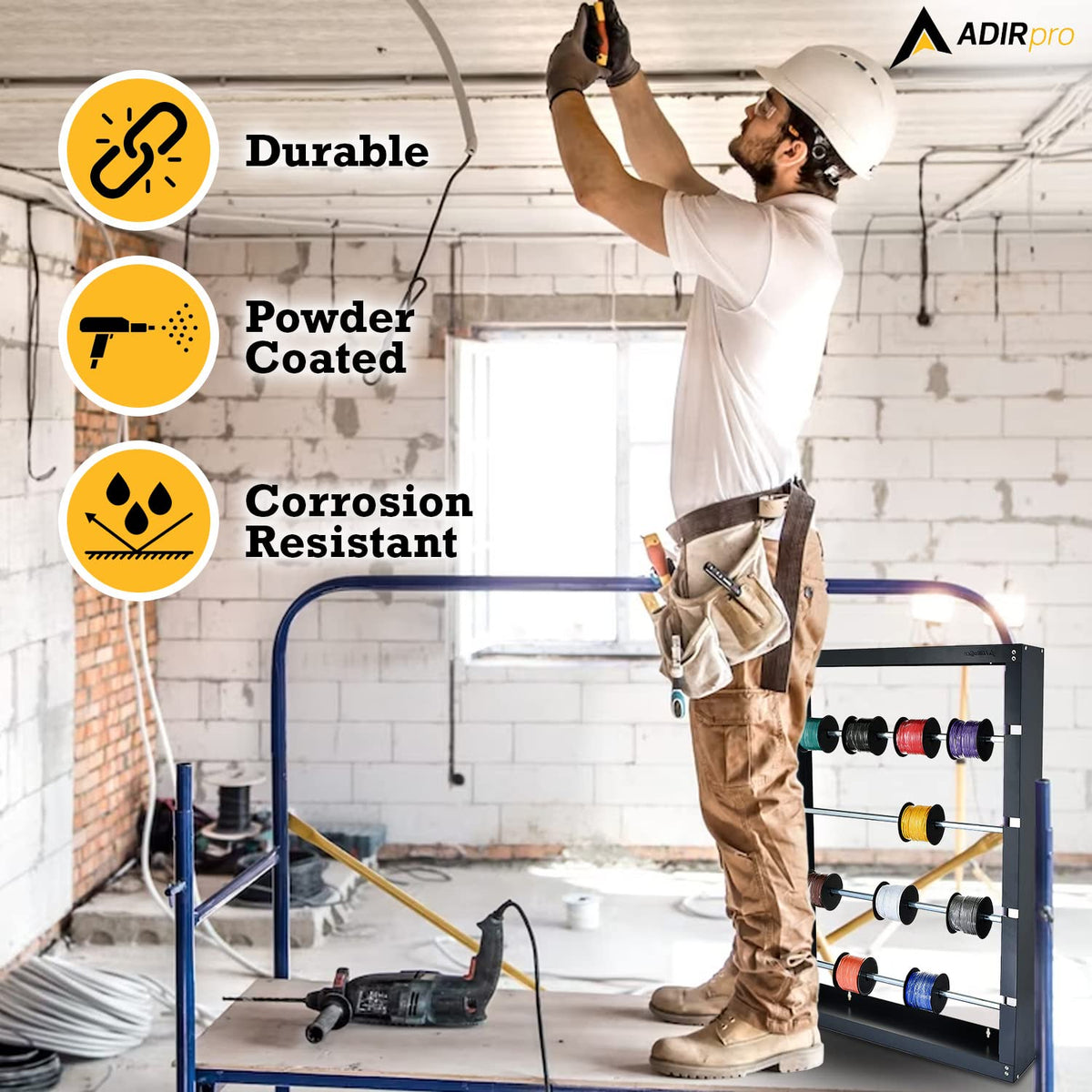 AdirPro wire spool rack wall-mount holes enable secure installation in shop.