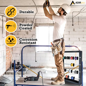 AdirPro wire spool rack wall-mount holes enable secure installation in shop.