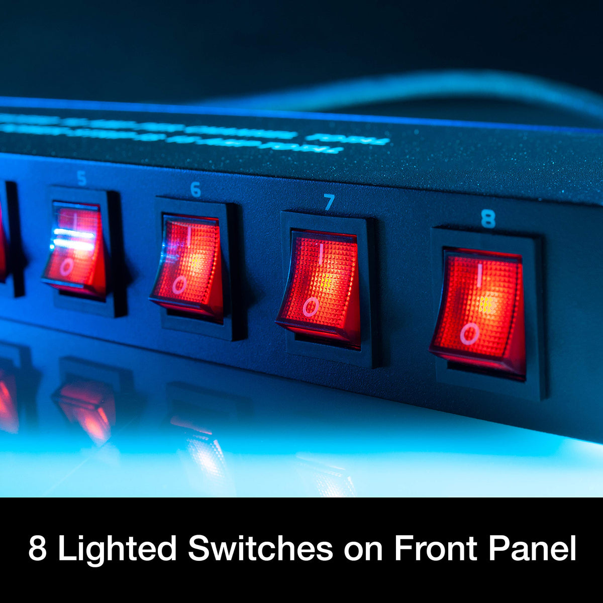 Close-up of illuminated switches on ADJ PC100A for easy visibility