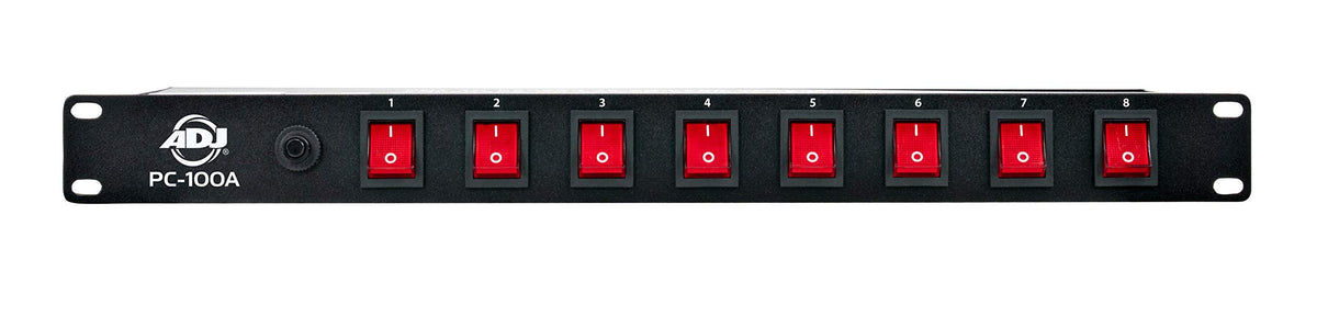 ADJ PC100A power strip top view showing eight outlets for organized gear