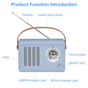 adoobox portable radio Bluetooth side view shows the leather handle for easy, on-the-go use.