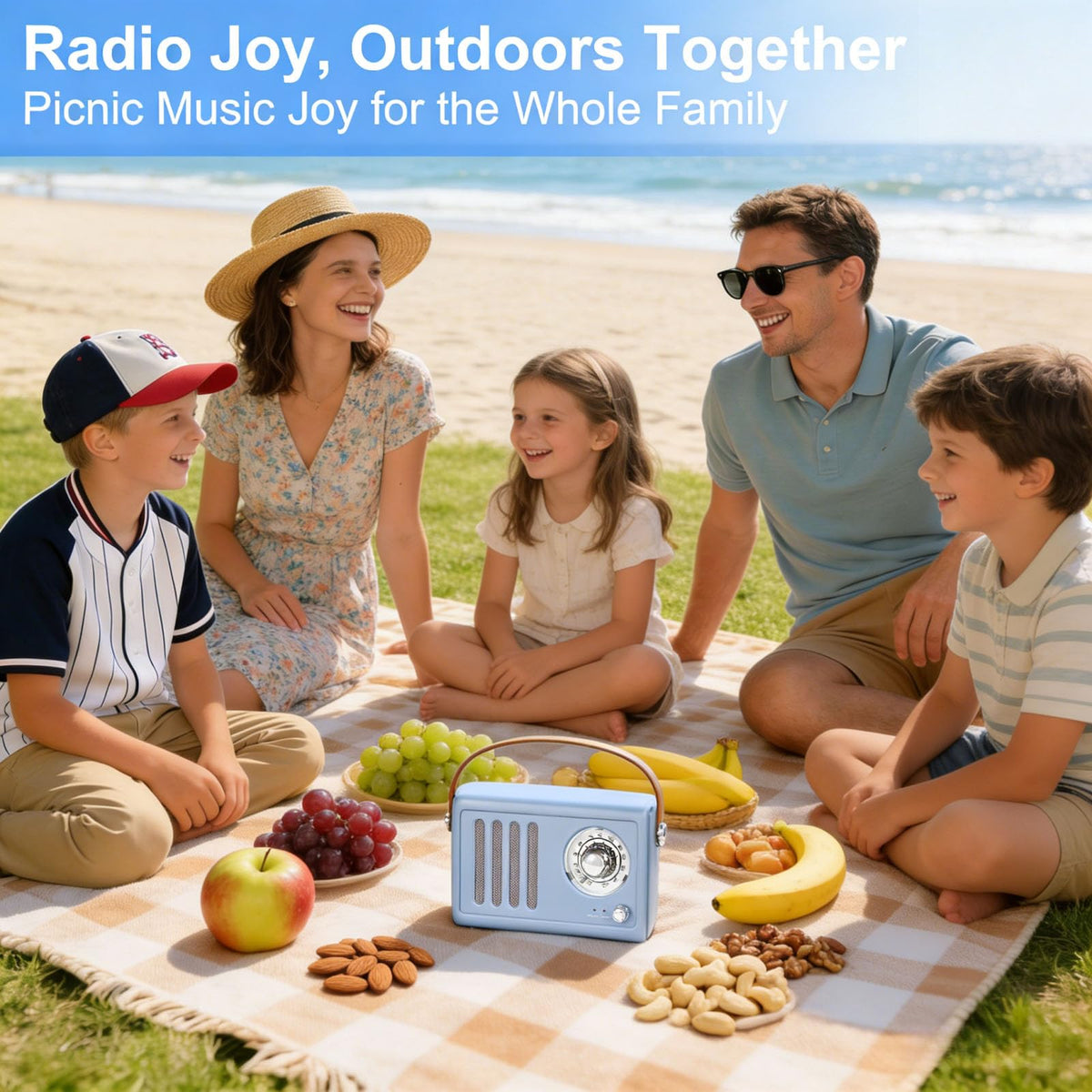 adoobox portable radio with leather handle ready for outdoor adventures and kitchen use.